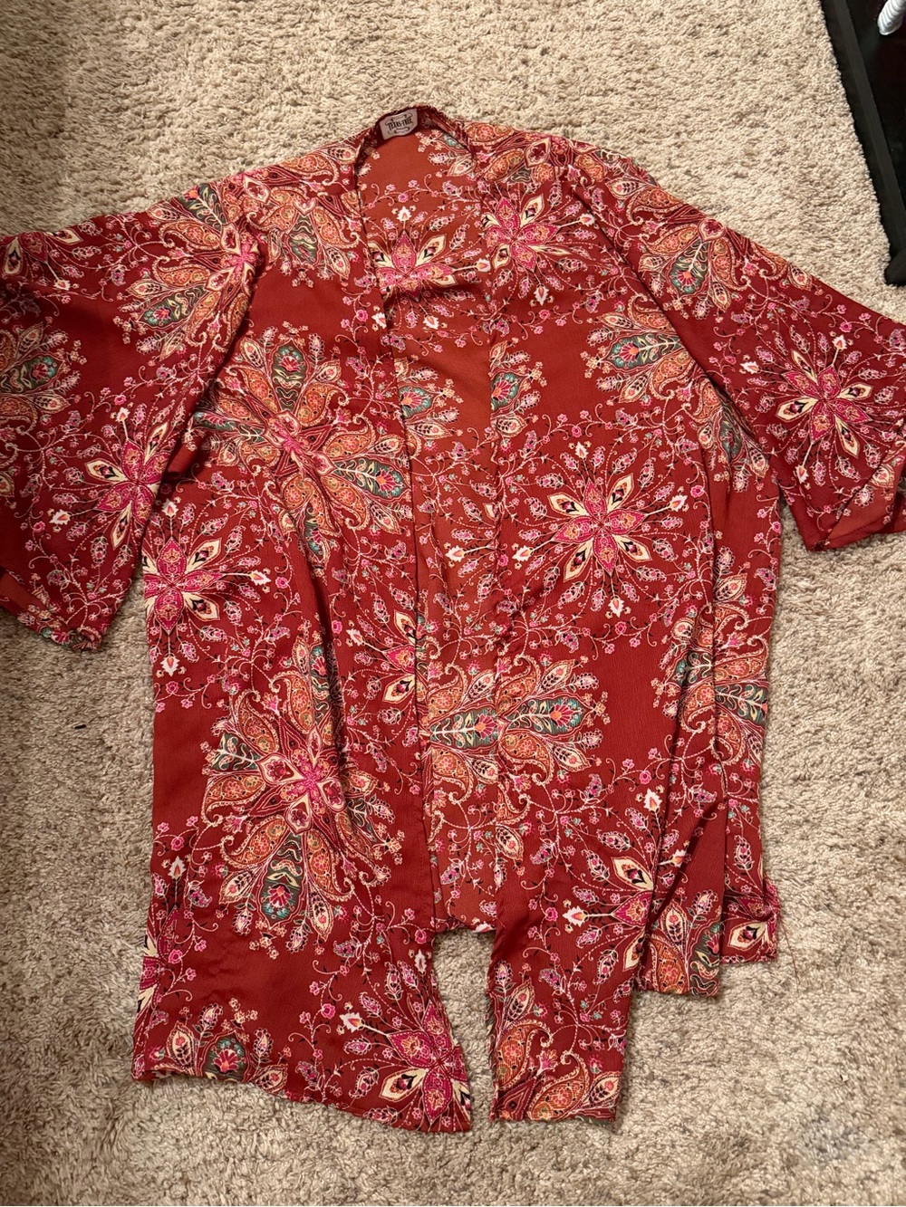Red Floral Open-Front Kimono Blazer